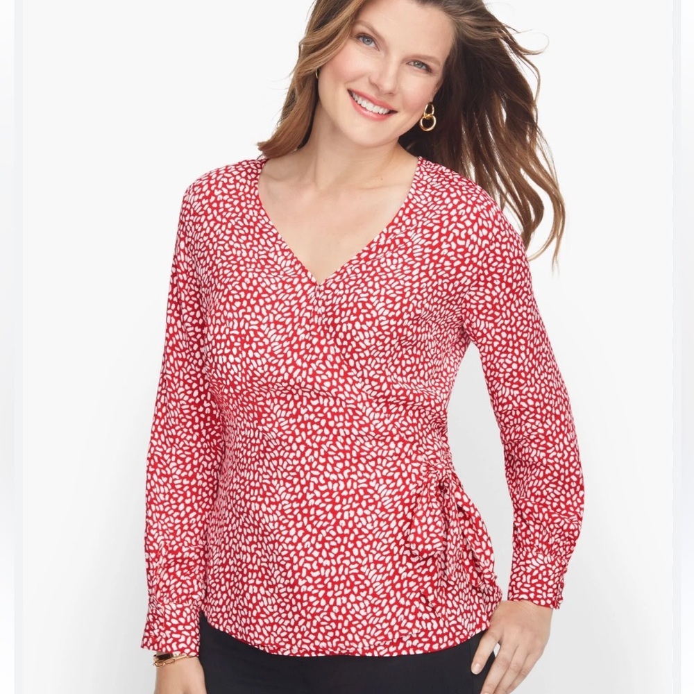 TALBOTS Faux Wrap Leopard Print Blouse Red White Long Sleeve Women’s Plus 1X